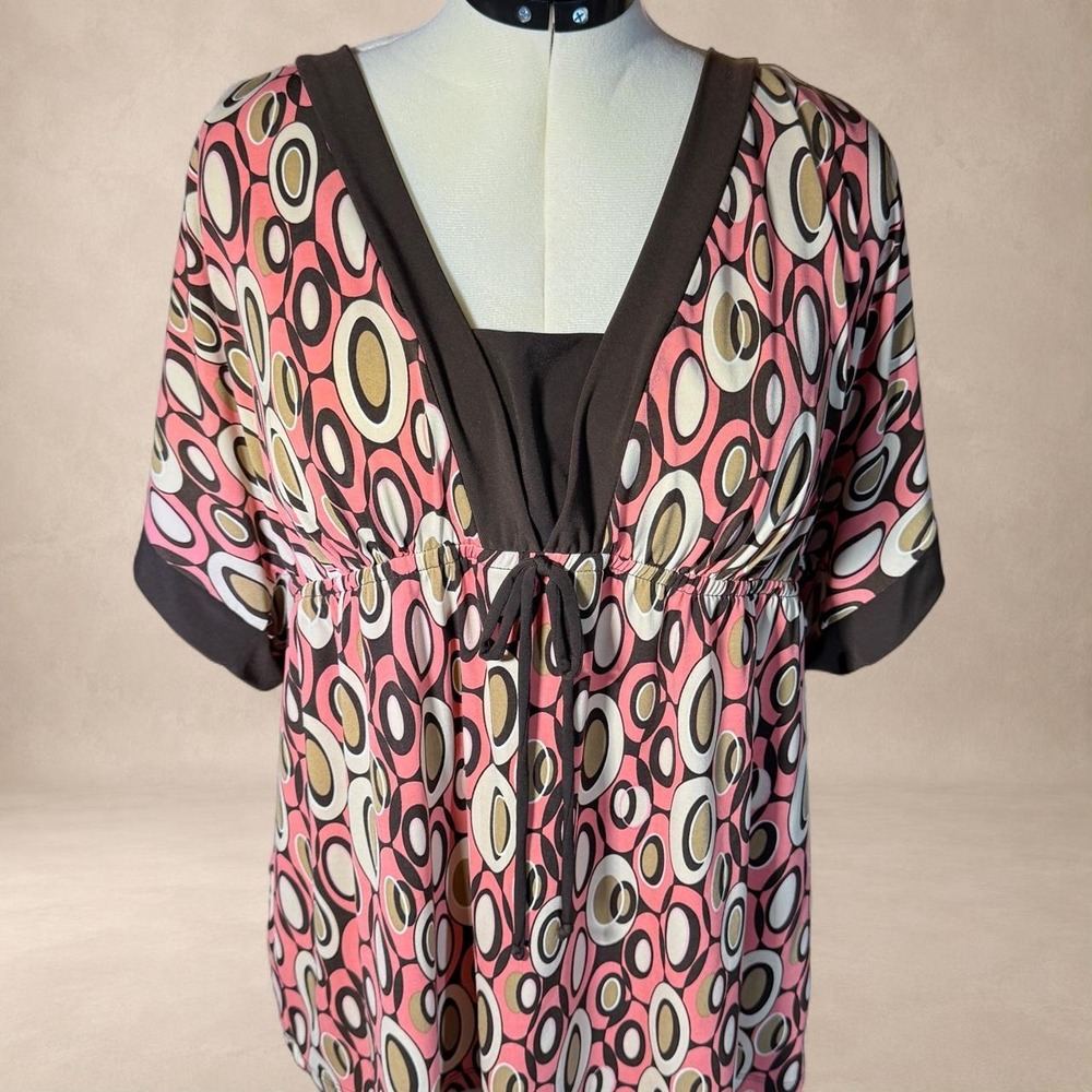 Y2K Abstract Print Flowy Blouse Pink Brown Black Office Chic